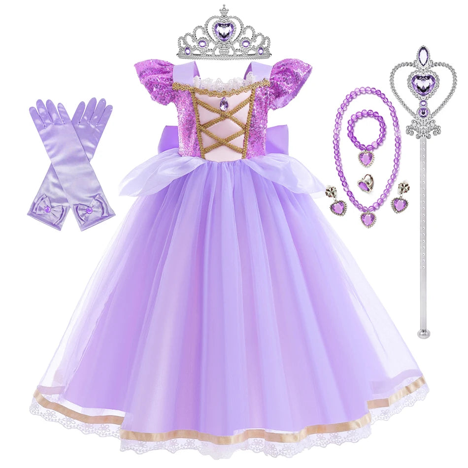 Vestido de Princesa Rapunzel de Verão – Cosplay Enrolados / Halloween / Festa de Aniversário – Fantasia Infantil