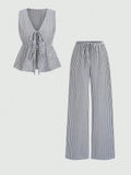 Women's Sets Two 2pcs Sale Summer V Neck Sleeveless Lace Up Vests&High Elastic Waist Striped Wide Leg Pant Suits OUYW-25014