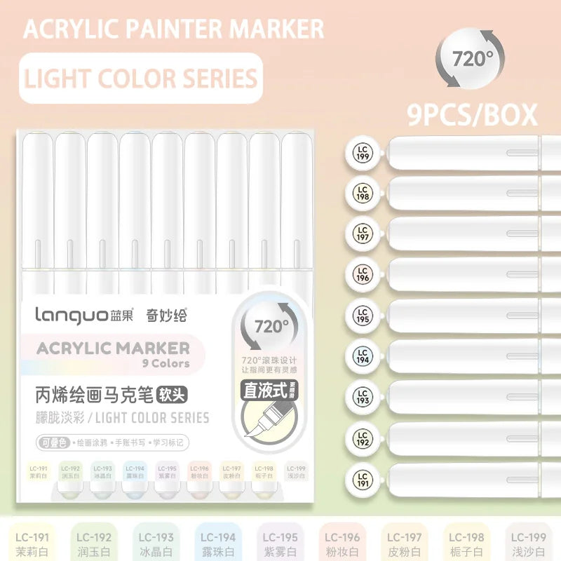 Languo 9pcs/box Soft Brush Acrylic Marker Pen Set，DIY Hand Drawn,Paint Art Markers pens,Student Graffiti Acrylic Paint Pens,M720