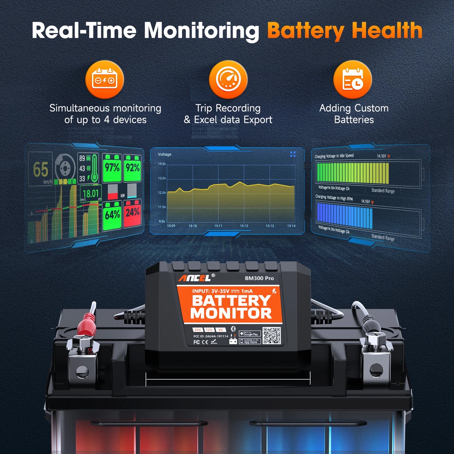 2024 New ANCEL BM300 Pro 6V/24V/12V Battery Tester Battery Monitor SOC Battery Health Analyzer Tool IOS Andoird