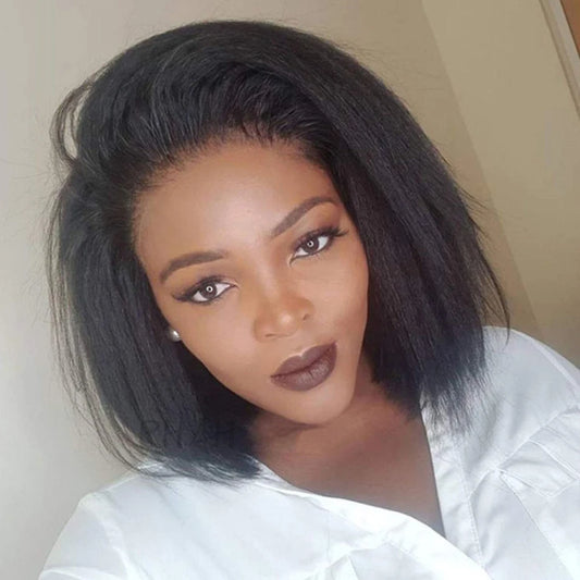 Glueless Kinky Straight Short Bob Virgin Human Hair Wig 13x4 Frontal HD Transparent Lace Peruvian Remy Soft Yaki Wear And Go Wig