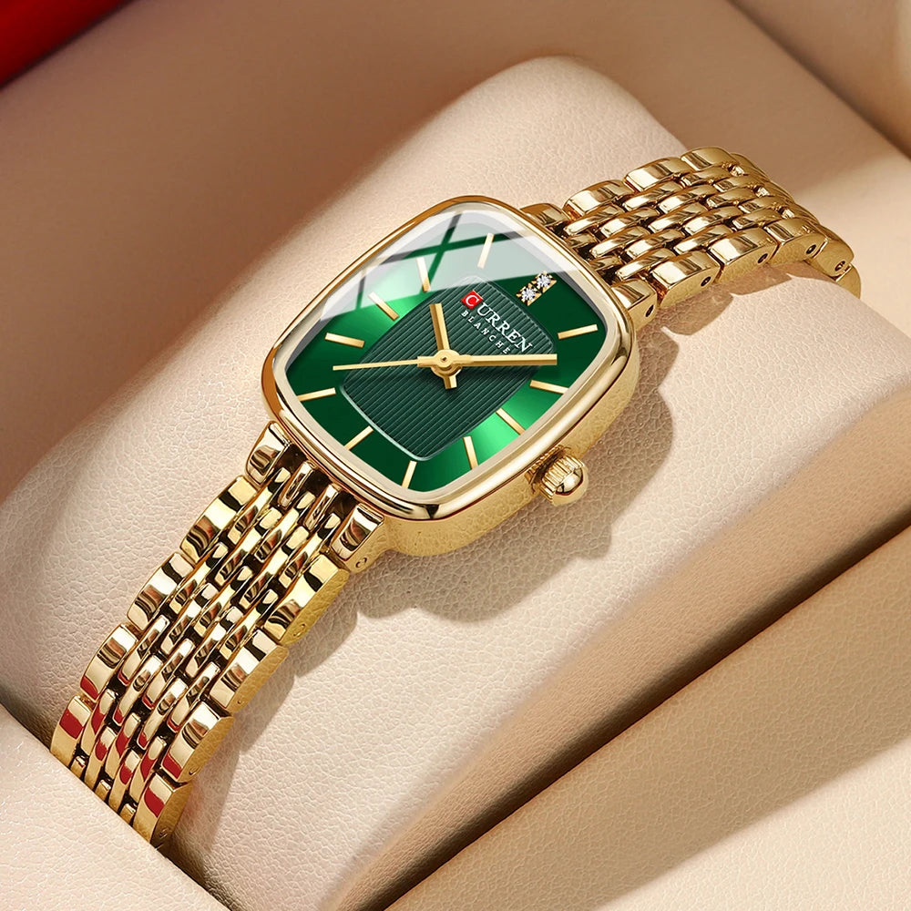 Relógio feminino quadrado dourado em aço inoxidável com calendário