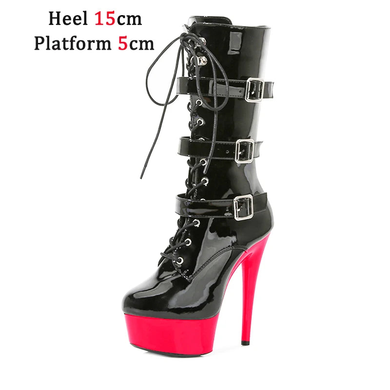 Nightclub Platform Women's Shoes 8 Inch Pole Dancing Pumps 20CM Thin High Heels Mid Tube Boots Design Buckle Sexy Stripper Show