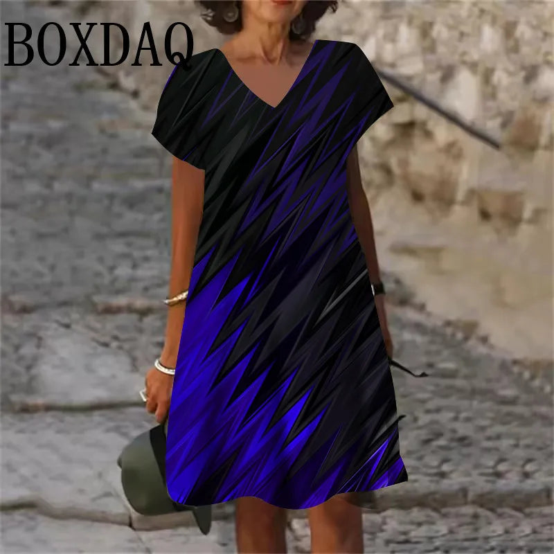 Plus Size 6XL Women's Fashion Geometric Pattern Print Short Dress Summer Casual V-Neck Short Sleeve Elegant Loose Mini Dresses