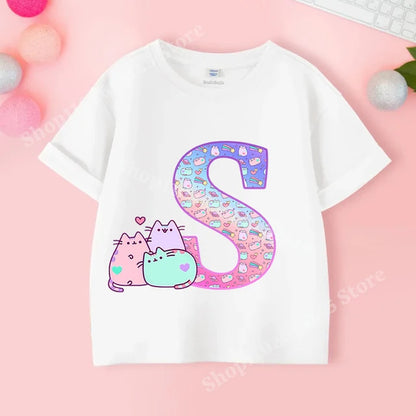 Pusheens Short Sleeve T-shirt for Girls from A to Z, Anime Cat, Summer Clothes, Outdoor Sport, New, Gift for Kids, Special Sale 