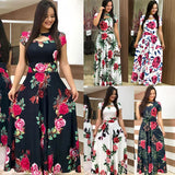 Elegant Spring Women's Casual Fashion Floral Print Short Sleeve Super Long Dress 2023 New Fashion Hollow Out Long Dresses