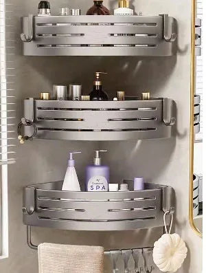 No Drill Bathroom Corner Shelf Wall Mounted Shower Corner Shelves with Hook Towel Bar Space Aluminum Bathroom Organizer Rack