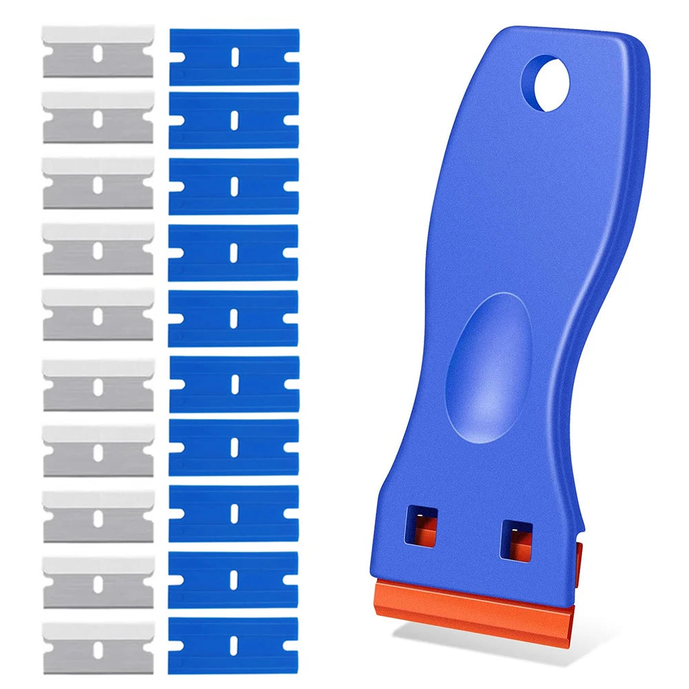 Raspador de cuchillas de afeitar de plástico con cuchillas de plástico, herramienta de limpieza para pisos, estufas, ventanas de automóviles y vidrios. 