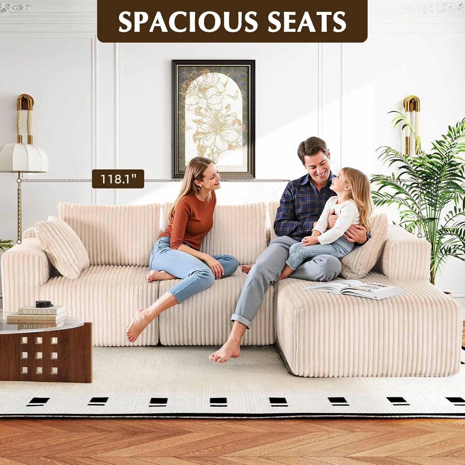 118" Compressed Sofa for Living Room L Shaped Boneless Couch, Modular Sectional Sofa, Sofa Bed Memory Foam Couches with Chaise