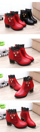 2025 Round Toe Women Fashion Crystal Belt Buckle Boots 6CM Square High Heels Shoes Sexy Leopard Lace Ankle Boots Woman Red Black