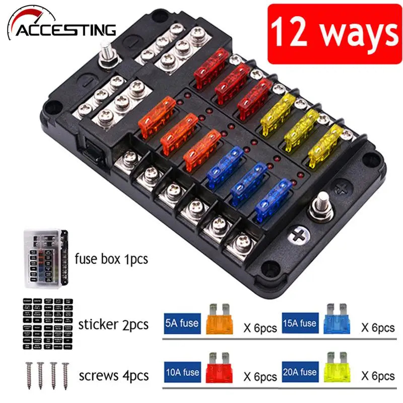 Portafusibles de 12 vías con bloque de portafusibles de cuchilla e indicador de advertencia para coche, barco, caja de fusibles de cuchilla de 12 V y 24 V