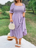 Plus Size Women's Pure Color Wrap Ruffle Hem Midi Dress Square Neck Backless Short Sleeve Dress Elegant temperament