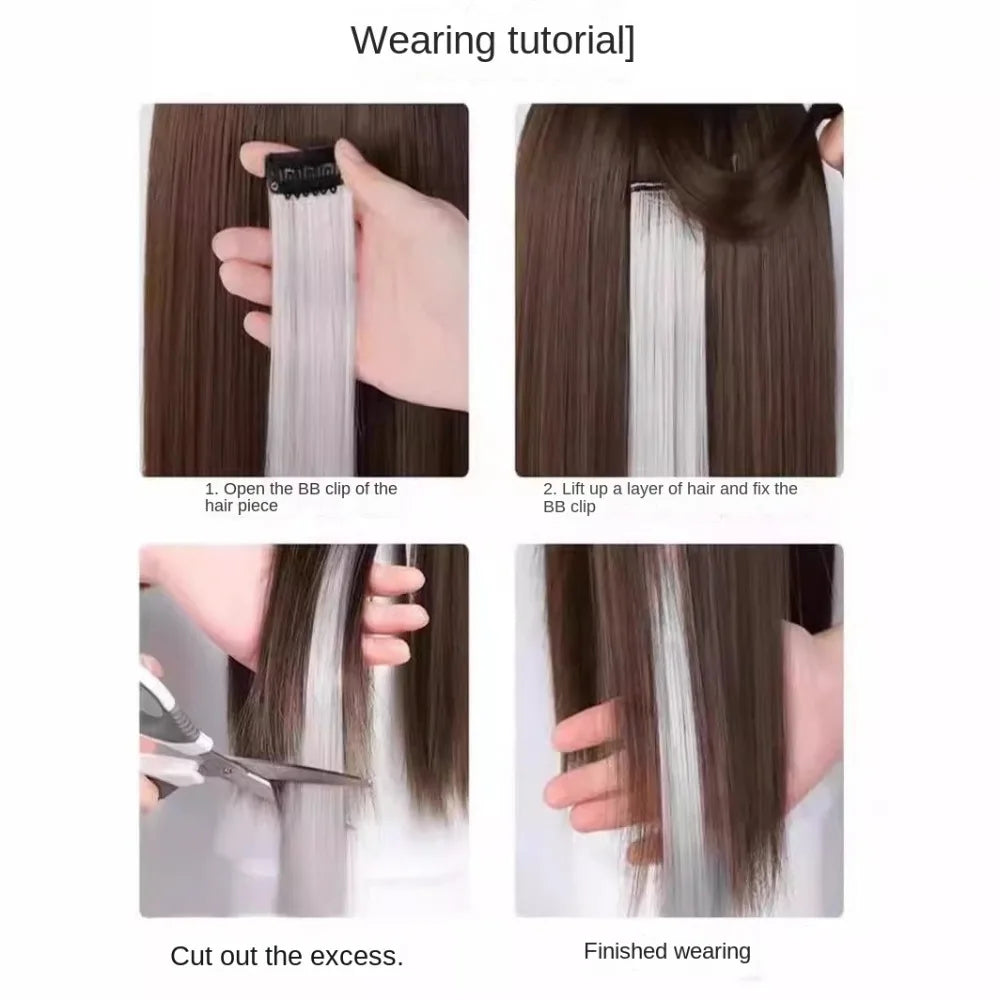Stripe Printed Clip-in Hair Extensions Colorful Synthetic Hair Highlights 18 Inches Straight Wig Hairpieces for Daily Use Party
