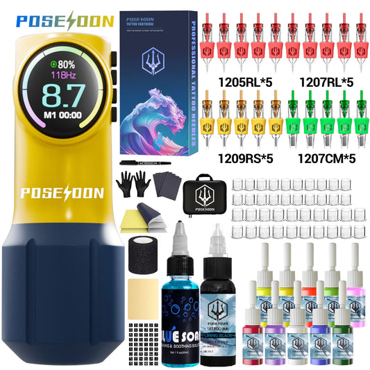 Kit de pistola de tatuaje POSEIDON-Yellow para máquina de maquillaje permanente, pluma, fuente de alimentación, nuevo y de alta calidad. 