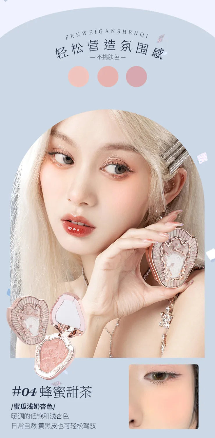 Paleta de rubor con relieve Unicorn de Flower Knows, de larga duración y fácil de aplicar, mate, natural, iluminador, rubor voluminoso, maquillaje.