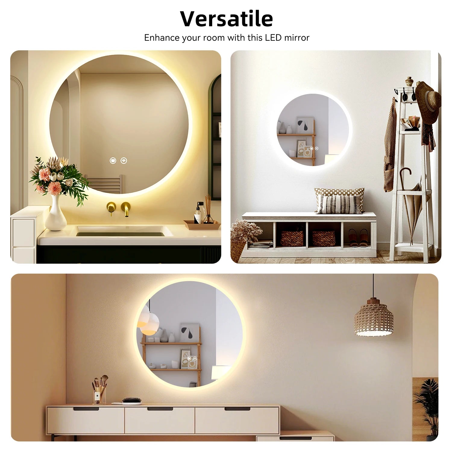 Round LED Bathroom Mirror with Lighting and Anti-Fog, Dimable Wall Makeup mirror Built-In fuse for Bathroom Makeup mirror