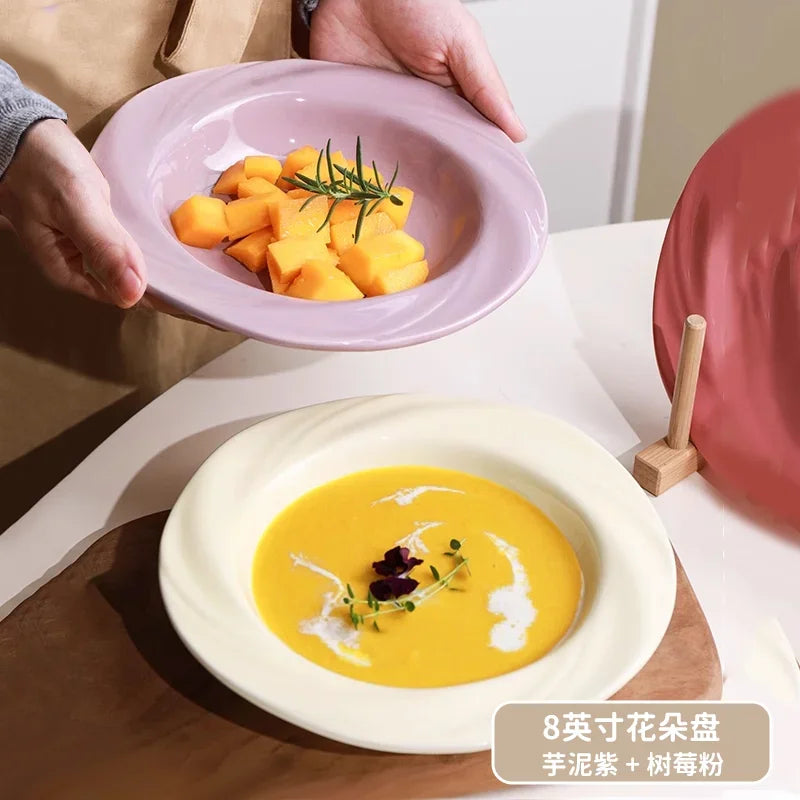 French Tableware Ins Style Ceramic Dishes Family High-value Bowl 8-inch Plate Dish Soup Bowl Cream Style