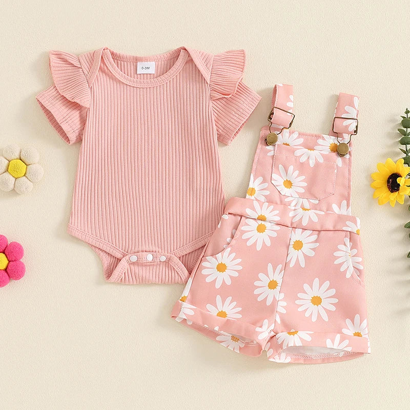 Pudcoco Infant Baby Girls Shorts Set, Short Sleeve Romper with Flower Print Suspender Shorts Summer Outfit 0-18M