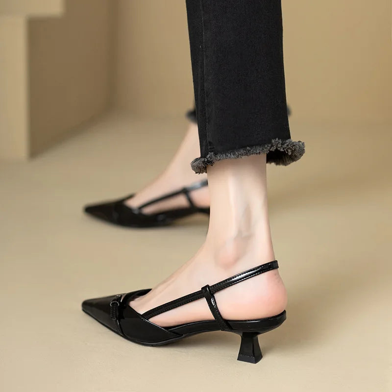 2024 New Summer French Wine Red Pointed Patent Leather Mid-Heel Overhead Sandals for Women Retro Skinny Heel Open-Back Shoes