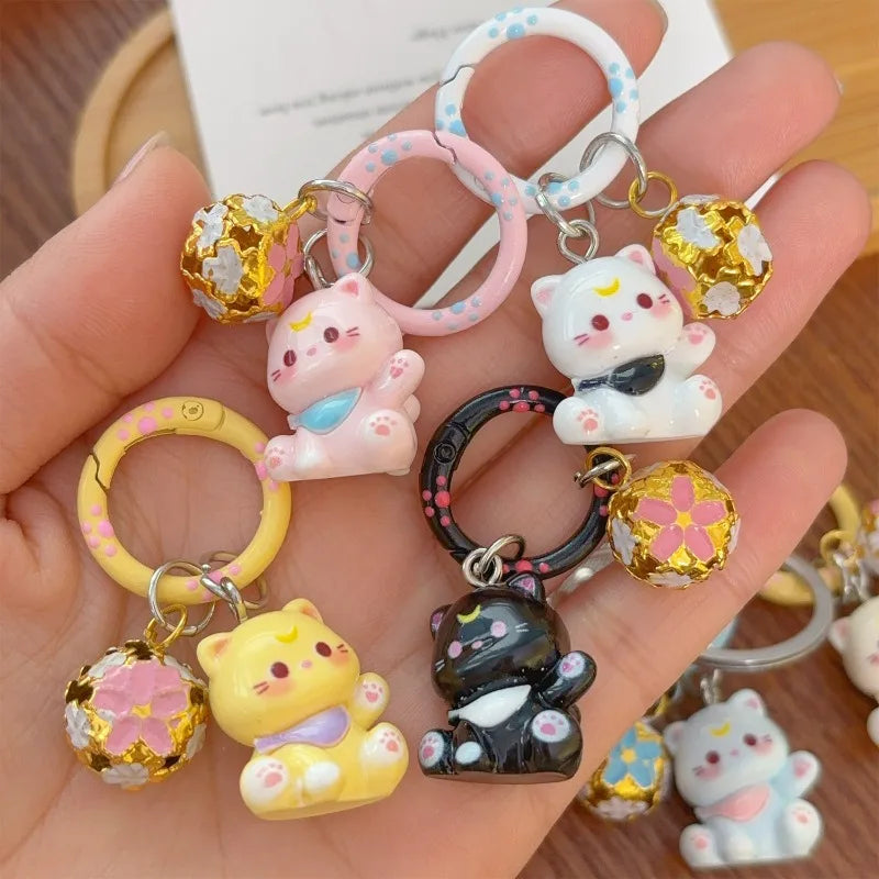 1/6Pcs Colorful Cat Bell Keychains for Friends Backpack Phone Pendant Hangings Couple Cartoon Animal Paw O-shaped Keychains