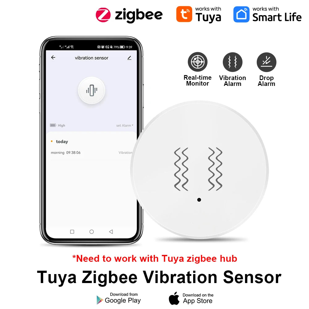 Tuya ZigBee Vibration Detector Smart Life App Monitor remote Security Protection Zigbee Sensor Motion Shock Alarm Need Gateway