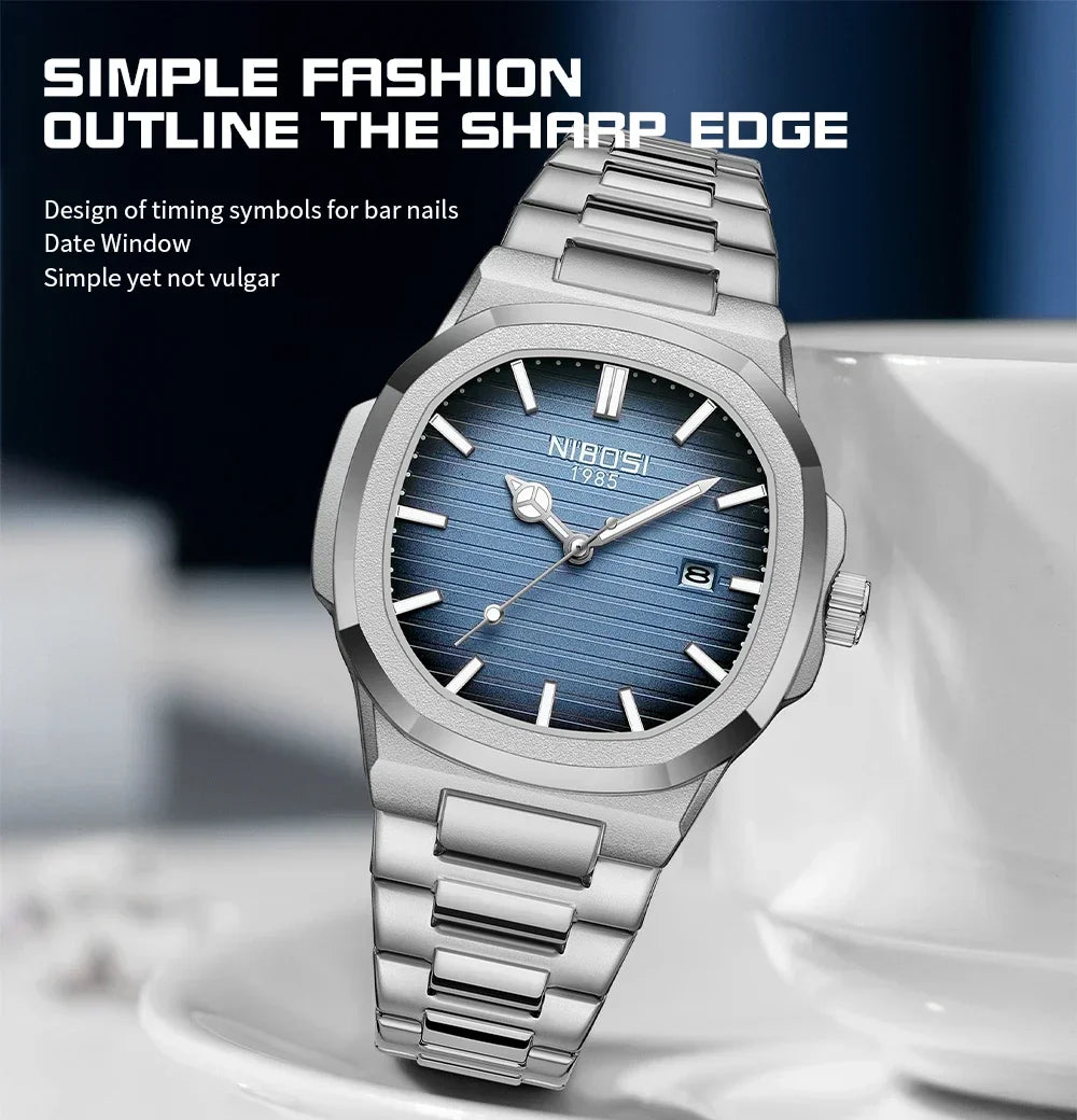 NIBOSI Brand Mens Watches Quartz Movement Watch Luxury Stainless Steel Calendar Waterproof Sport Simple Wristwatches for Man