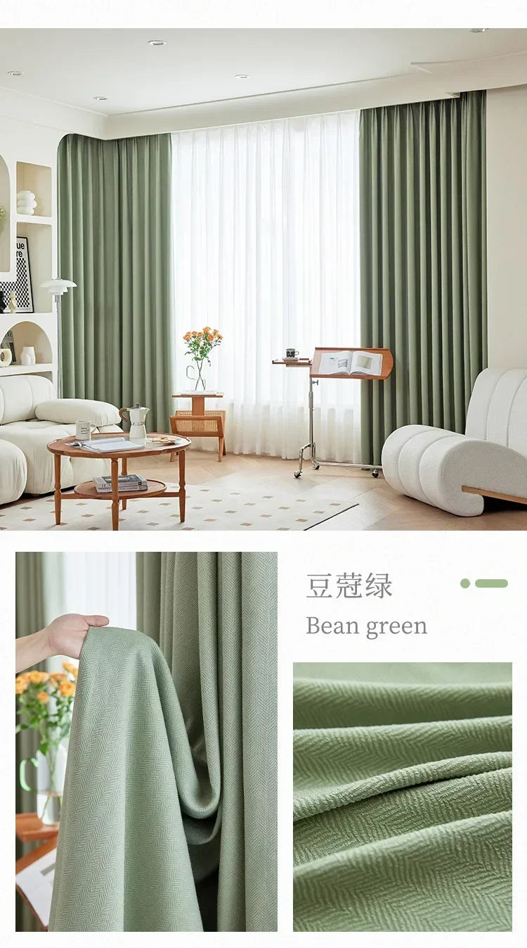 Herringbone Chenille Beige Thickened Blackout Curtains for Living Room Dining Room Bedroom Solid Color Luxury Curtains Custom