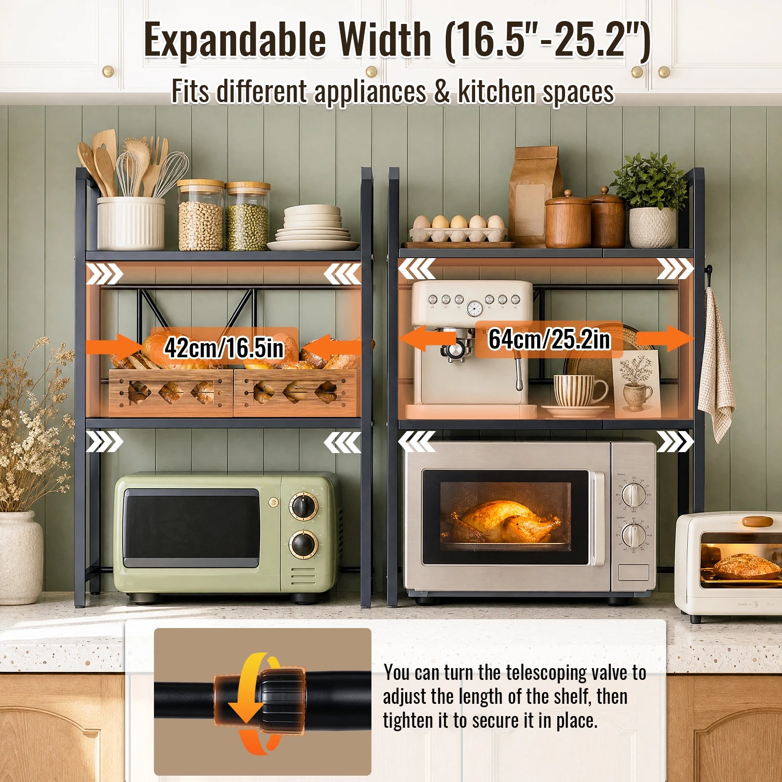 3-Tier Microwave Oven Rack Shelf Kitchen Countertop Oven Rack Expandable Seasoning Storage Rack Stand Storage Tableware Racks