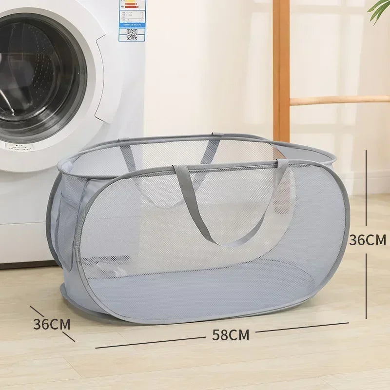 Durable Collapsible Laundry Basket, Mesh Pop Up Laundry Hamper With Side Pocket, Foldable Clothes Storage Hamper With Reinforced