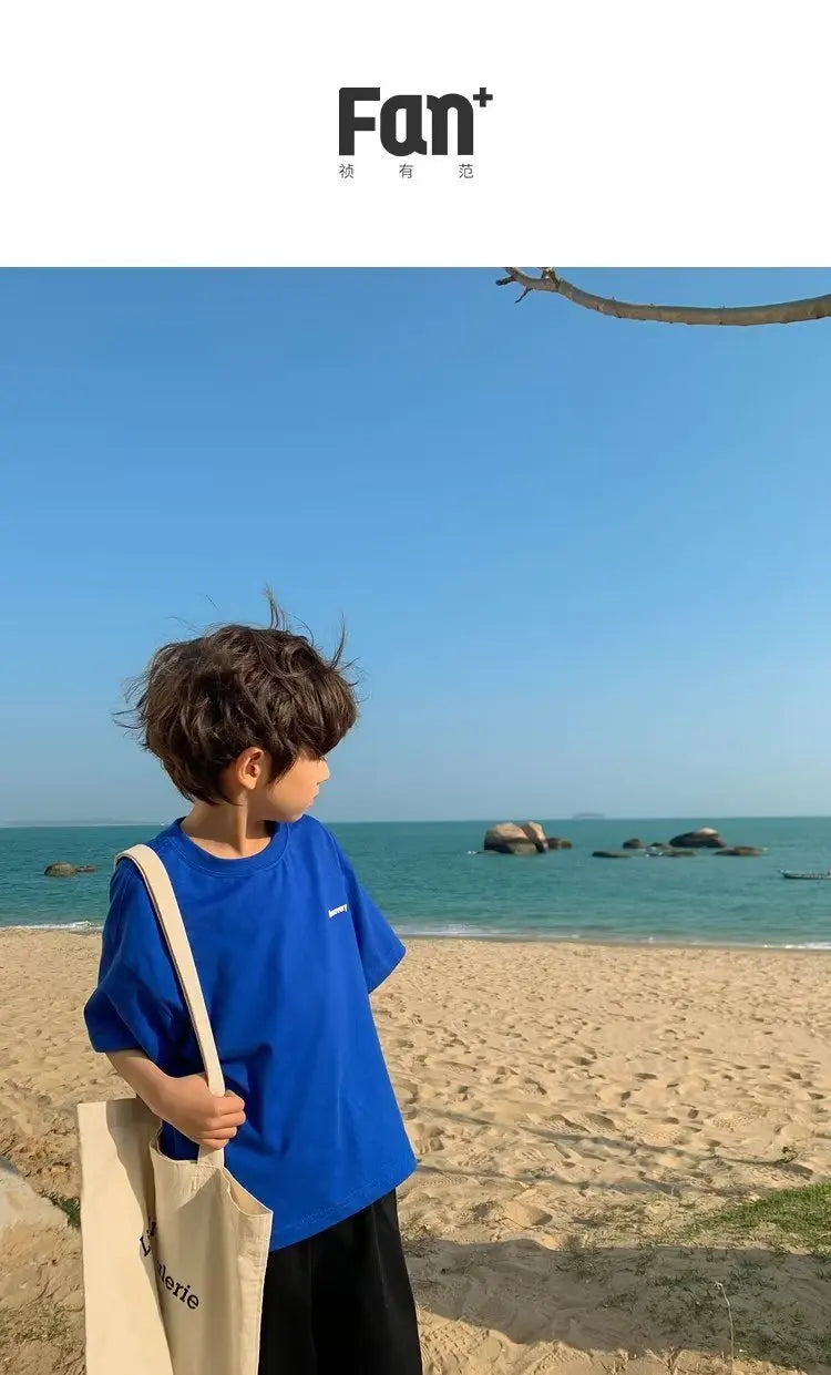 Camiseta de manga corta de verano para niños, Top de cuello redondo para niños pequeños y medianos, moda informal versátil de media manga