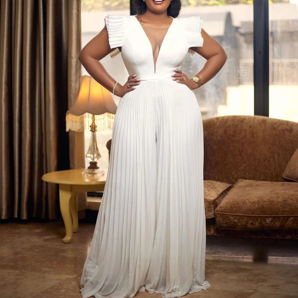 Elegant Pleated Jumpsuits & Rompers for Women V Neck Ruffles High Waisted Loose Floor Length Luxury Female Birthday Party Romper