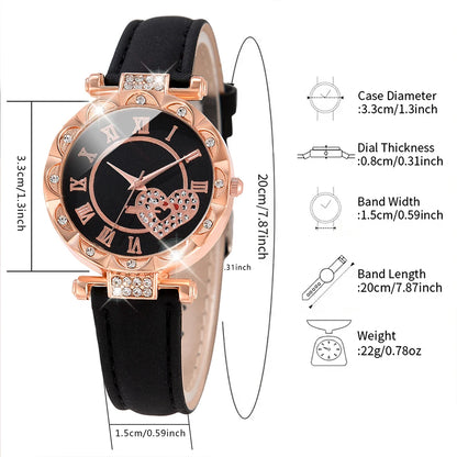 1PCS Simple Luxury Love Element Leather Black Strap Watch Casual Fashion Quartz Watch Is The Perfect Gift For Her (No Box)