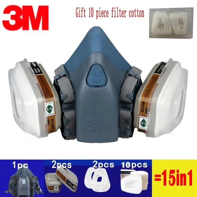 Respirador de gas 17 en 1 3M 7502, máscara de media cara antipolvo para pintura, pulverización, vapor orgánico, filtro de gas químico, seguridad laboral 