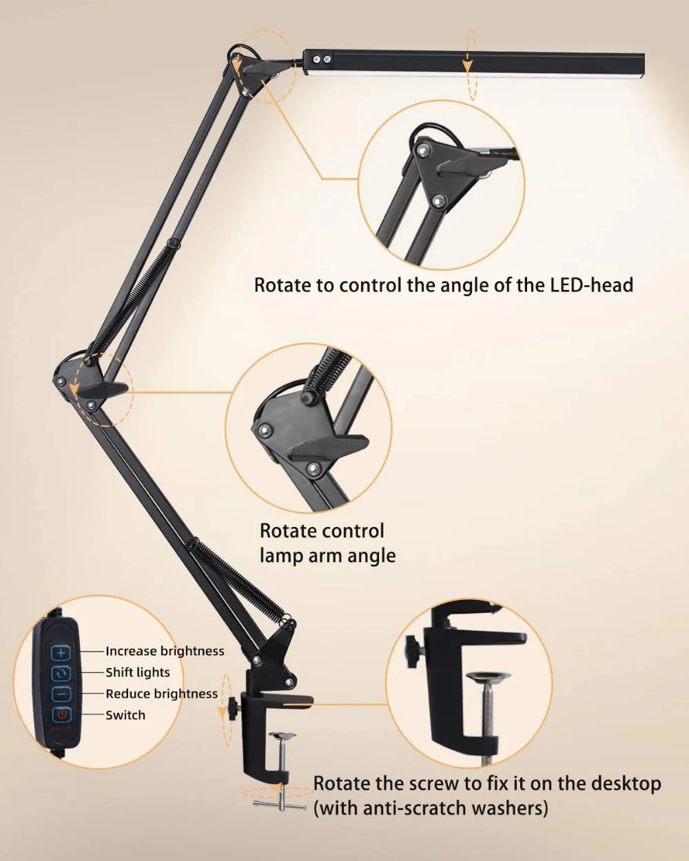 LED Desk Lamp with Clamp 10W Swing Arm Desk Lamp Eye-Caring Dimmable Desk Light with 10 Brightness Level, 3 Lighting Modes