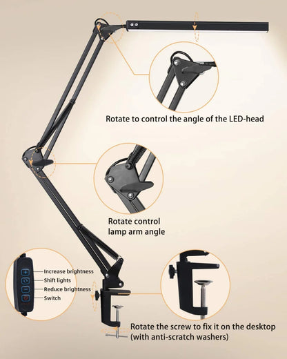 LED Desk Lamp with Clamp 10W Swing Arm Desk Lamp Eye-Caring Dimmable Desk Light with 10 Brightness Level, 3 Lighting Modes