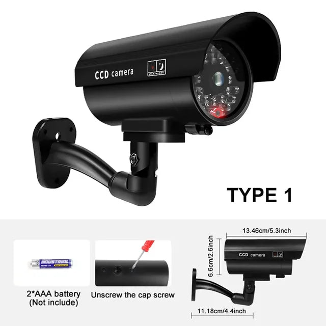 Câmera de segurança impermeável manequim, falso sistema de vigilância CCTV, vermelho piscando luzes LED, sem fiação necessária, interior e exterior, 1PC