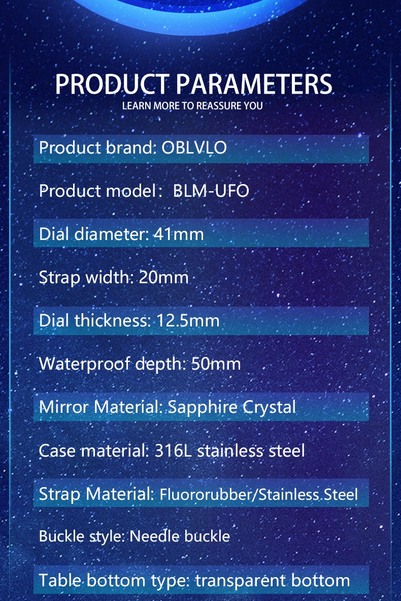 OBLVLO BLM-UFO Unique UFO-Shaped Automatic Watch with Luminous Silicone Strap And Steel Bracelet Waterproof Mechanical Timepiece