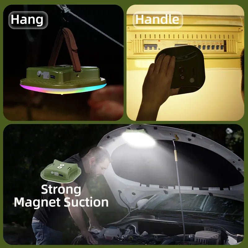 Linterna de camping recargable, luz inteligente, control Bluetooth mediante aplicación Tuya, sincronización de música, iluminación LED RGB para tienda de campaña, 13500 mAh, exterior, 80 W