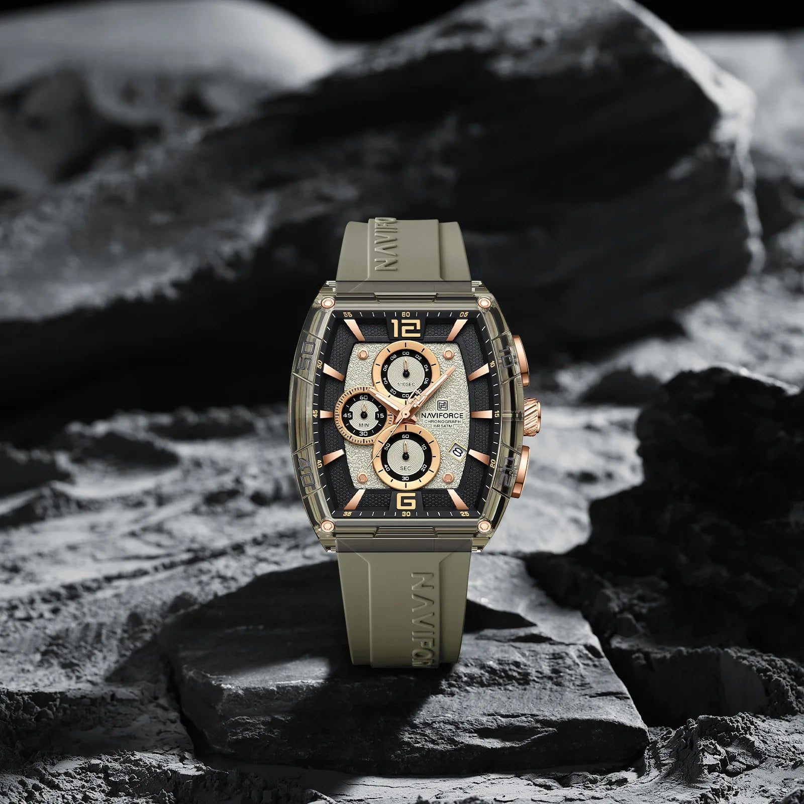 NAVIFORCE 6101 Casual Men's Quartz Watch Tonneau Dial Luminous Waterproof Silicone Strap Outdoor Sports Fashion Watches for Men
