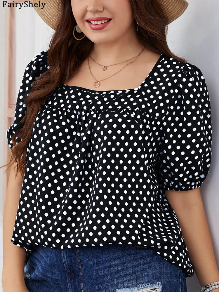Fairyshely 2025 Summer Casual Print Plus Size Top Women Square Collar Loose Large T-shirt Lady Short Sleeve Elegant Curvy Tops