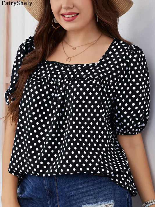 Fairyshely 2025 Summer Casual Print Plus Size Top Women Square Collar Loose Large T-shirt Lady Short Sleeve Elegant Curvy Tops