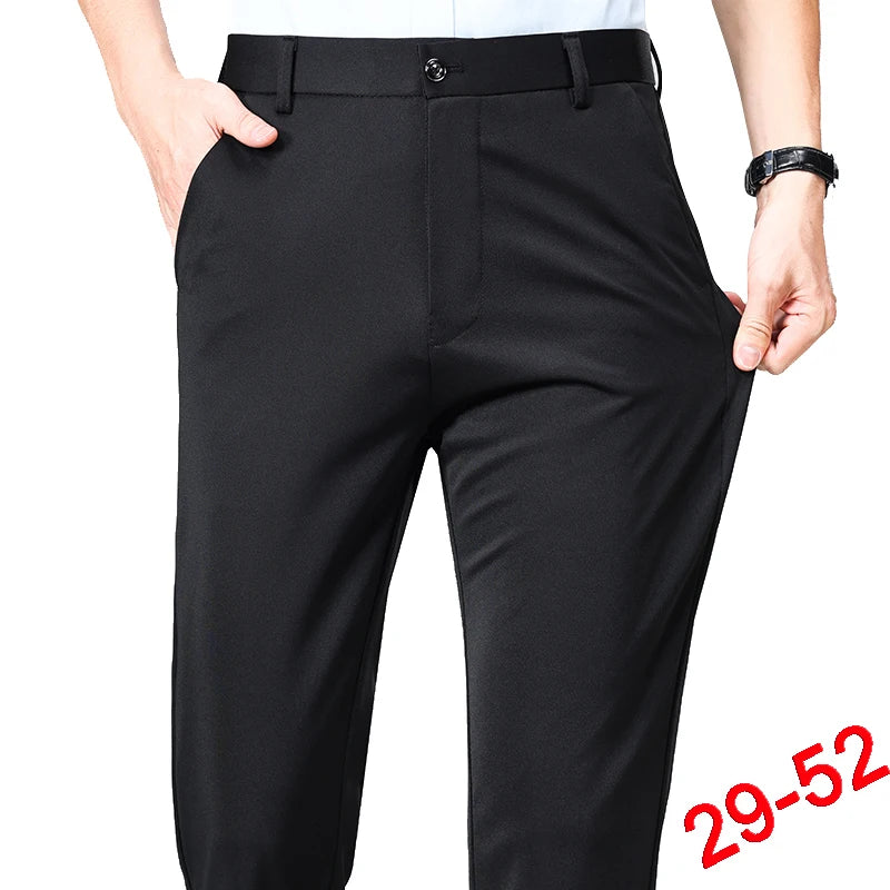 Pantalones de talla grande para hombre, pantalones de traje de negocios, pantalones de vestir formales elásticos, pantalones negros clásicos para hombre grande