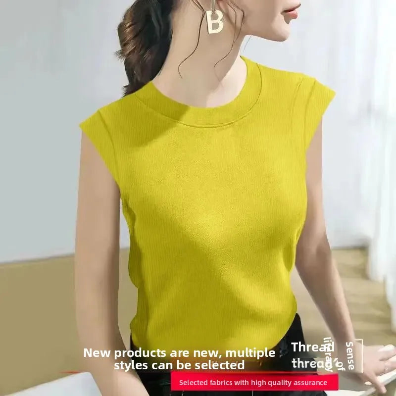 Summer Ice Silk Loose Fashionable Simple Pure Color round Neck Fly Sleeve T Shirt Women Short Sleeve Simple Style Crew Neck