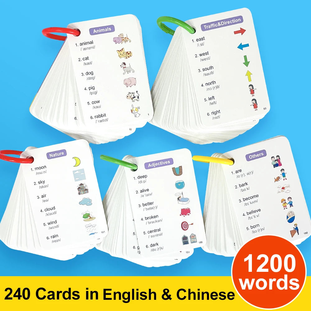 1200 English and Chinese Bilingual Learning Cards for Kids, Toddlers, English Language Beginners, or as a Montessori Gift