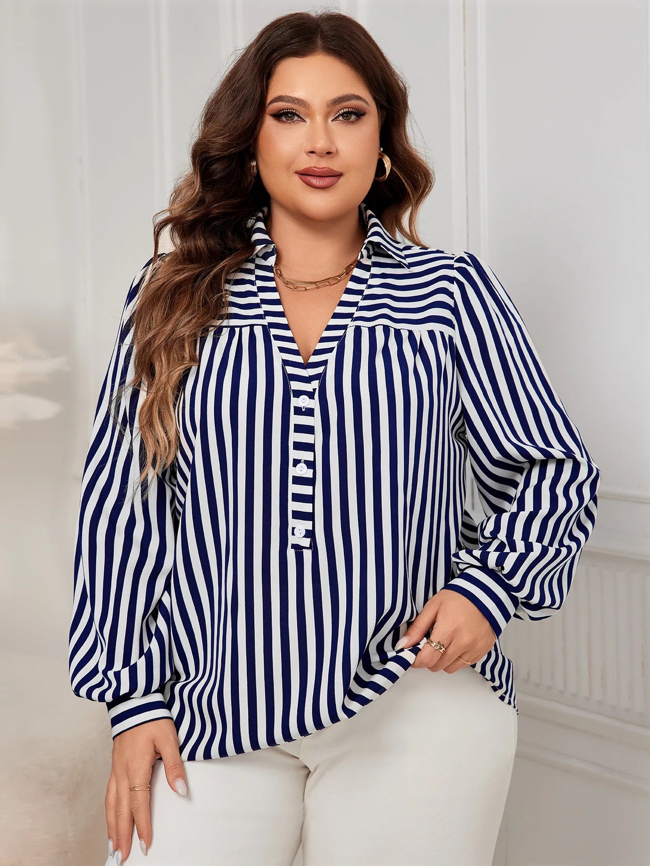 Fairyshely Spring Woman Stripe Print Plus Size Shirt Lady Long Sleeve Large T-shirt Autumn Elegant Loose Curvy Pullover Tops