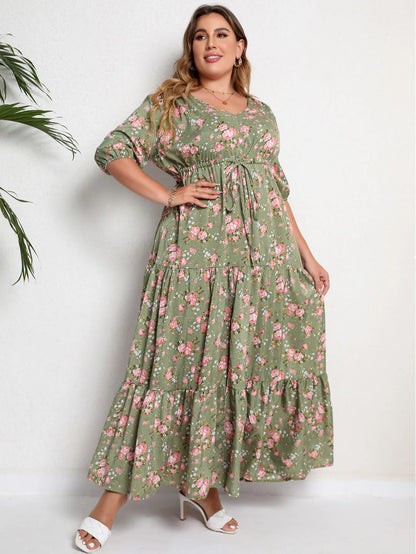 Vestido longo estampado floral para mulheres, tamanho grande, meia manga, bainha dividida, maxi, pescoço em v