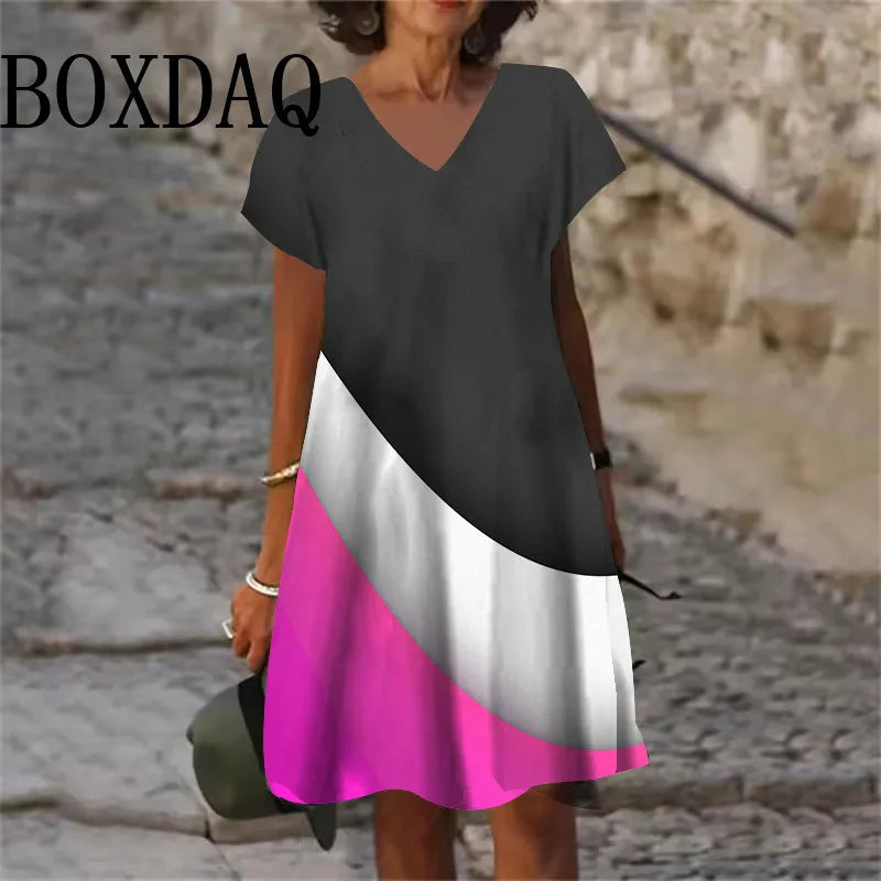 2025 Summer Fashion Plus Size Dresses 6XL Women V-Neck Short Sleeve Mini Dress Casual Daily Gradient Striped Large Size Dress