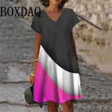 2025 Summer Fashion Plus Size Dresses 6XL Women V-Neck Short Sleeve Mini Dress Casual Daily Gradient Striped Large Size Dress