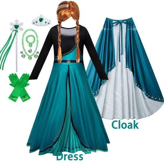 Girls Party Elegant Dresses Anna Princess Girl Cosplay Costume Dark Green Dress With Cloak Carnival Party Kids Birthday Clothes