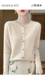 100% Merino Wool Long Sleeve Sweaters Cashmere Cardigan Spring Autumn Women O-Neck Knitwear Tops Clothing Fashion Basic Tops